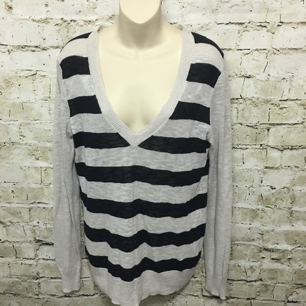 J Crew Striped Linen Blend V Neck Sweater